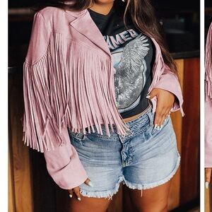 Pink Fringe Women's Jacket Women's faux Suede Fringe Jacket Long Sleeve  plus